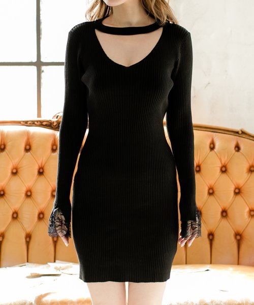 セール ジュリアブティック Julia Boutique 袖口レースバストオープンタイトワンピース 600 秋冬 長袖 ミニ 膝丈 Vネック リブ ニット ブラック ボルドー セクシー 大人 ニットワンピース Magaseek