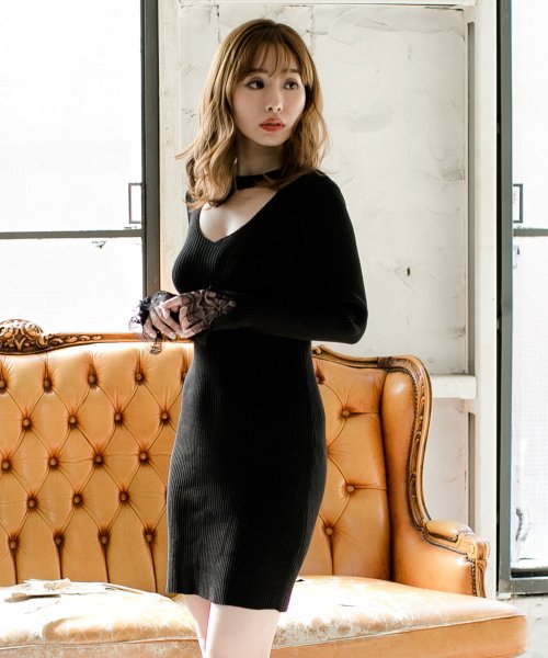 セール ジュリアブティック Julia Boutique 袖口レースバストオープンタイトワンピース 600 秋冬 長袖 ミニ 膝丈 Vネック リブ ニット ブラック ボルドー セクシー 大人 ニットワンピース Magaseek