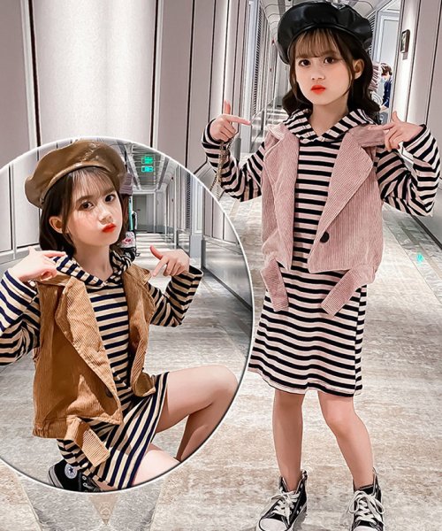 セール 40 Off キッズ 子供服 女の子 ボーダー柄ワンピース ベスト 長袖 2点セット おしゃれ カジュアル 中学生 可愛い 暖かい ミニミニストア Miniministore Magaseek