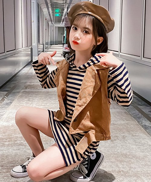 クーポン セール 40 Off キッズ 子供服 女の子 ボーダー柄ワンピース ベスト 長袖 2点セット おしゃれ カジュアル 中学生 可愛い 暖かい ミニミニストア Miniministore Magaseek
