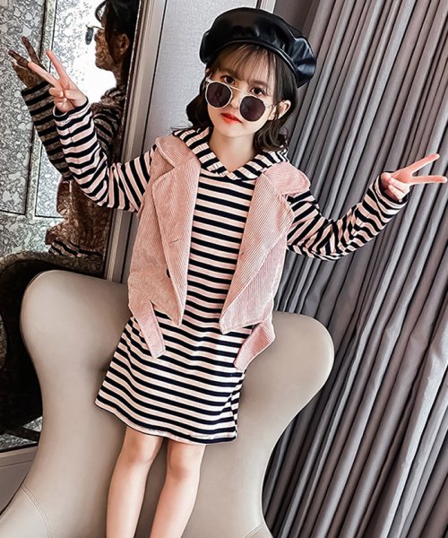 セール 40 Off キッズ 子供服 女の子 ボーダー柄ワンピース ベスト 長袖 2点セット おしゃれ カジュアル 中学生 可愛い 暖かい ミニミニストア Miniministore Magaseek
