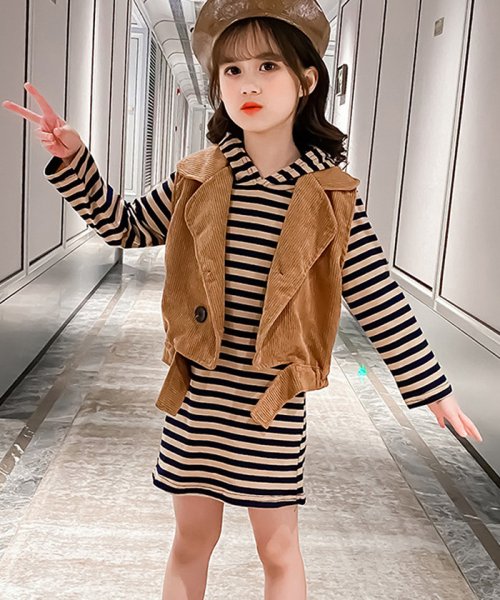 クーポン セール 40 Off キッズ 子供服 女の子 ボーダー柄ワンピース ベスト 長袖 2点セット おしゃれ カジュアル 中学生 可愛い 暖かい ミニミニストア Miniministore Magaseek