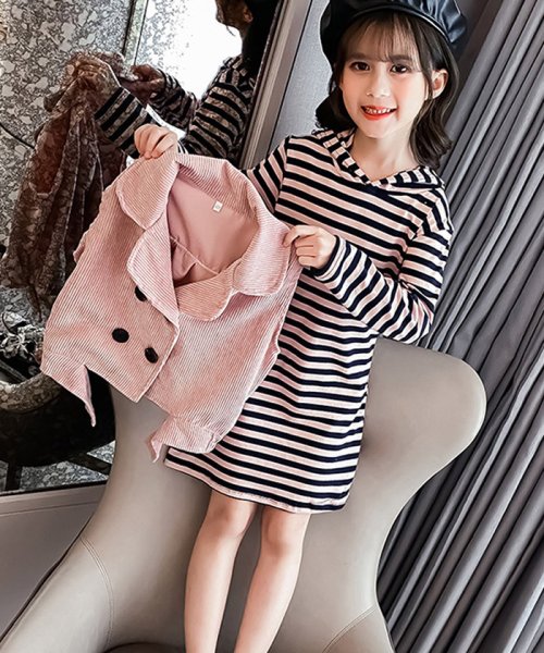 セール キッズ 子供服 女の子 ボーダー柄ワンピース ベスト 長袖 2点セット おしゃれ カジュアル 中学生 可愛い 暖かい ミニミニストア Miniministore Magaseek