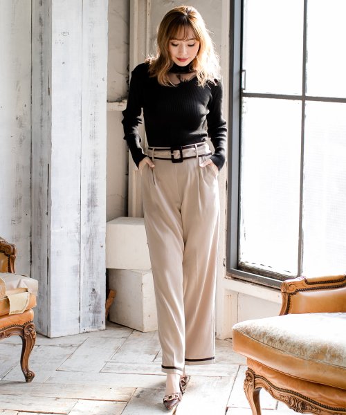 セール ベルト付きパイピングワイドパンツ 626 秋冬 韓国 黒 ウエストゴム ハイウエスト ライン ポケット ツイル ブラック ベージュ きれいめ ジュリアブティック Julia Boutique Magaseek