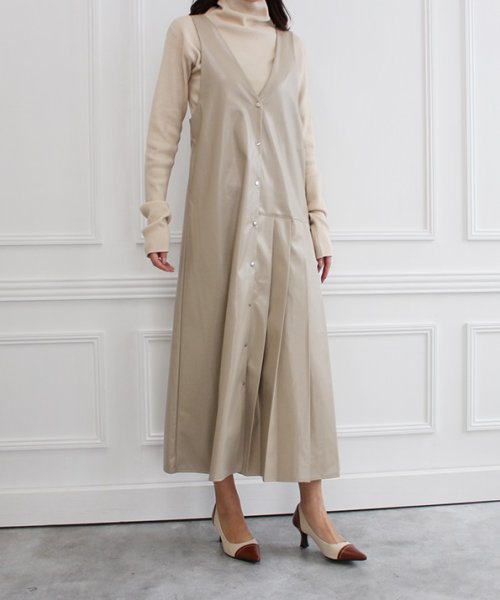 セール 2wayレザープリーツジャンパースカート ロングワンピース ジャンパースカート ロングスカート ワンピース レザー レザースカート プリーツ スカート プリーツ モードローブ Mode Robe Magaseek