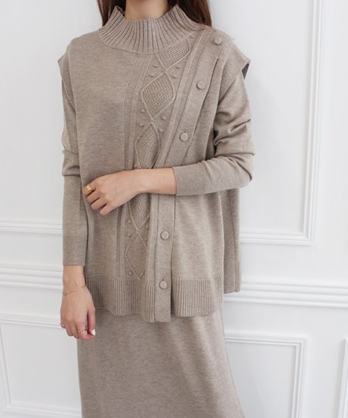 ベストレイヤードニットワンピース セットアップ ニット ワンピース ベスト レイヤード ブラウン キレイ カジュアル ベージュ 大人カジュアル 安全 大人 トレンド