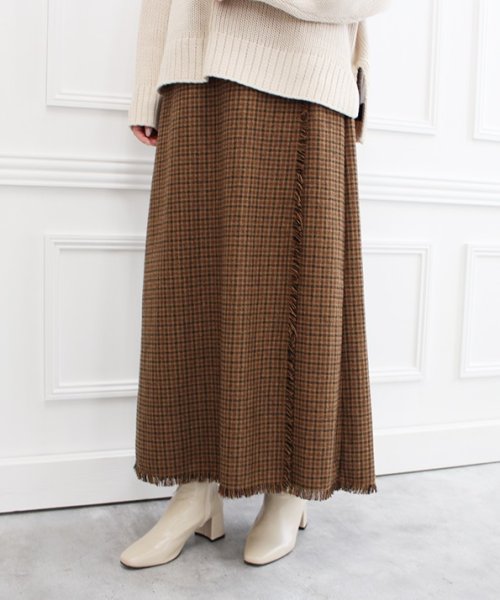 セール チェックフリンジラップスカート チェックスカート スカート チェック フリンジ ラップスカート ブラウン レディース 大人カジュアル 大人 可愛い ママ キレイ モードローブ Mode Robe Magaseek