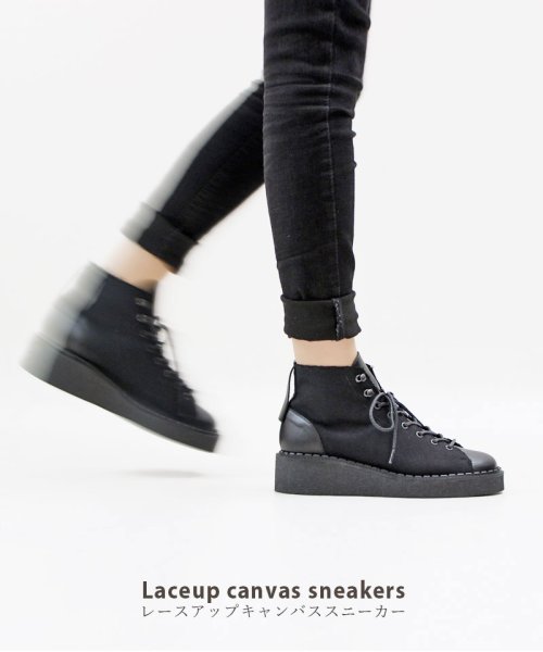 厚底キャンバススニーカー 牛革 ステア 日本製 国産 スニーカー レディース レザー キャンバス 生地 モード 4 3cmヒール 厚底 ハイカット ブラック 柔 Sachi Sachi Magaseek