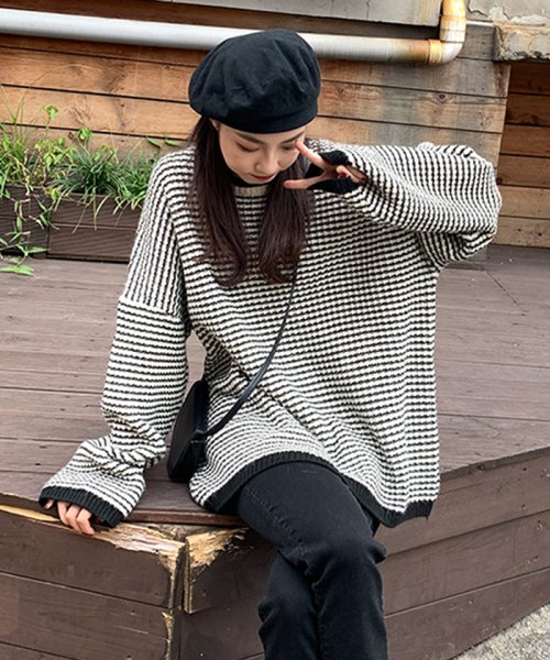 セール ボーダー柄 ニットトップス レディース ゆったり ラウンドネック ニットセーター 体型カバー カジュアル プルオーバー 大きめ ミニミニストア Miniministore Magaseek