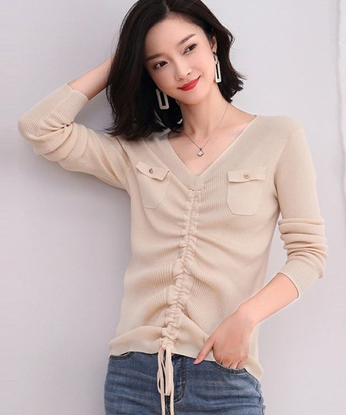 レディースファッション通販 トップス 秋 冬 長袖 ゆったり 無地 ニットトップス ｖネック 着痩せ カジュアル おしゃれ 紐入る キレイめ ドゥーベル Doux Belle Magaseek