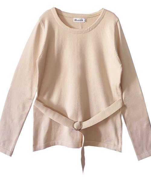 ニットセーター レディース 春 秋 トップス 長袖 Uネック 丸襟 クルーネック ゆったり プルオーバー 秋 冬 秋冬物 ベルト付き 無地 ドゥーベル Doux Belle Magaseek