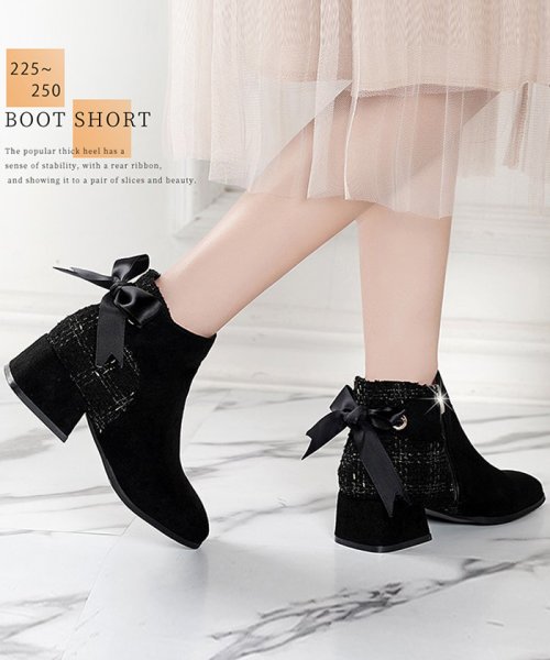 セール ショートブーツ レディース ブーティーブーツ リボン付き シューズ チャンキーヒール 歩きやすい 太ヒール 秋冬 靴 スエード調 ミニミニストア Miniministore Magaseek