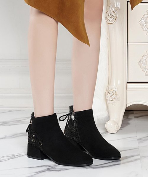 セール ショートブーツ レディース ブーティーブーツ リボン付き シューズ チャンキーヒール 歩きやすい 太ヒール 秋冬 靴 スエード調 ミニミニストア Miniministore Magaseek
