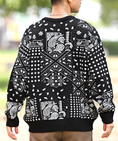 セール ペイズリー柄ニット ニット セーター メンズ ビッグシルエット ペイズリー柄 バンダナ ラグスタイル Luxstyle Magaseek