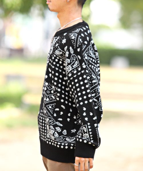 セール ペイズリー柄ニット ニット セーター メンズ ビッグシルエット ペイズリー柄 バンダナ ラグスタイル Luxstyle Magaseek