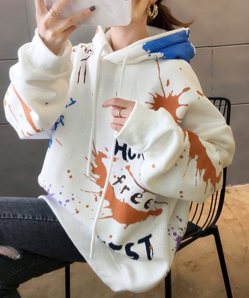 セール ペイント柄 フード付き パーカー レディース 裏起毛 長袖トレーナー 秋冬 おしゃれ スウェット 韓国風 プルオーバー ポケット付き ミニミニストア Miniministore Magaseek
