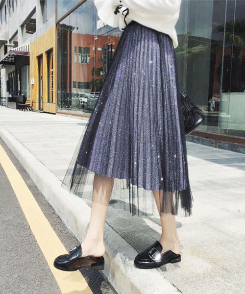 セール セイヘイショップ Seiheishop チュールスカート ロングスカート プリーツスカート オシャレ 大人 ひざ丈 シーズンレス 透け感 着回し お出かけ キラキララメ入り かわいい Magaseek