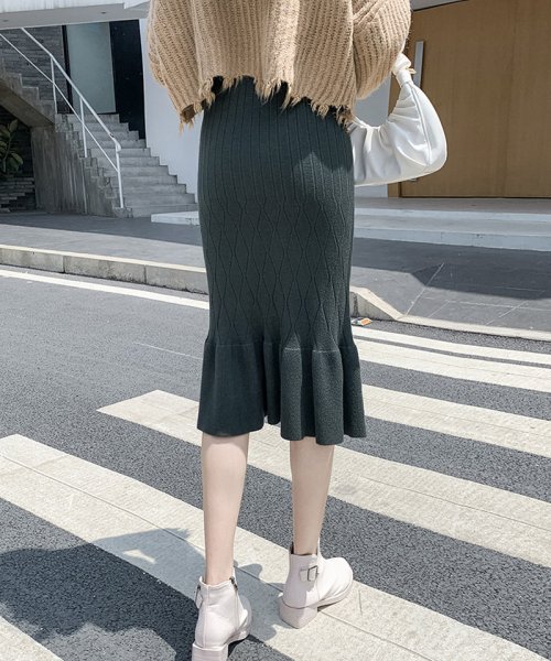 セール ニットスカート ロング 秋冬 タイトスカート 裾フリル ニット 黒 無地スカート ひざ下 ニットフレアスカート ハイウェスト ショッピングゴー Shoppinggo Magaseek