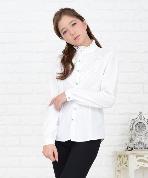 セール 胸元レース ラインストーンボタン 詰襟フリル長袖ブラウス シャツ レースレディース Lace Ladies Magaseek