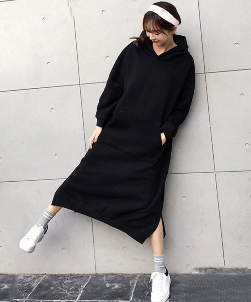 セール パーカーワンピース 裏起毛 ロングワンピース スリット入り ポケット付きワンピー カジュアル スウェット 体型カバー 防寒 ミニミニストア Miniministore Magaseek