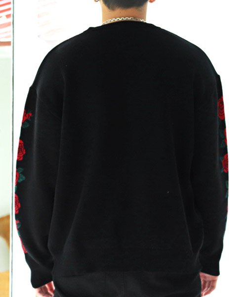 LUXSTYLE(ラグスタイル)/袖薔薇クルーネックコットンニット/ニット メンズ セーター ビッグシルエット 薔薇 ロゴ/img01
