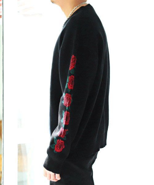 LUXSTYLE(ラグスタイル)/袖薔薇クルーネックコットンニット/ニット メンズ セーター ビッグシルエット 薔薇 ロゴ/img02