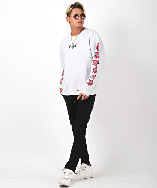 セール 袖薔薇クルーネックコットンニット ニット メンズ セーター ビッグシルエット 薔薇 ロゴ ラグスタイル Luxstyle Magaseek