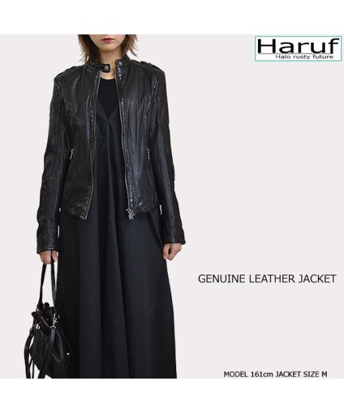 Haruf(ハルフ)/シングルライダースジャケット レザージャケット 革ジャン レディース 本革 ラムレザー 羊革 ビンテージ ジャケット ブラック 黒 オリーブ 秋冬 L3683/img03