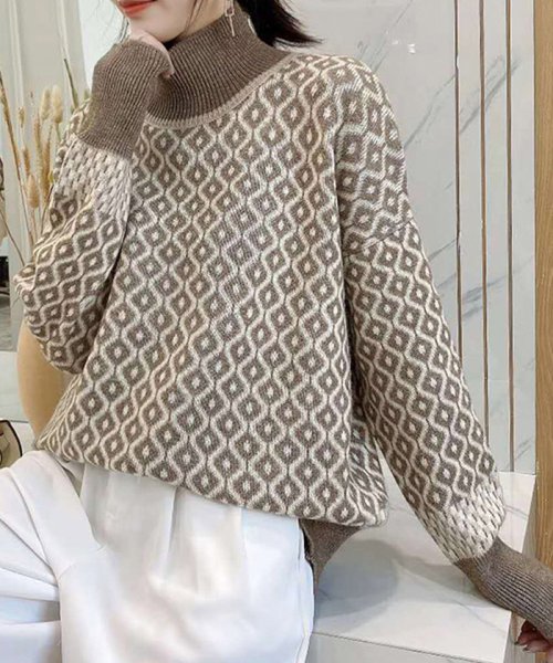 セール ニットトップス 幾何学柄 レディース おしゃれ ハイネック ニットセーター アーガイル柄 プルオーバー レトロ ニットソー韓国風 ミニミニストア Miniministore Magaseek
