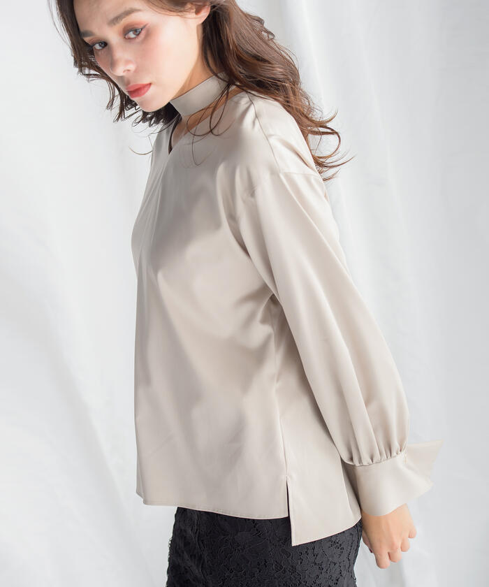 カフスボウタイサテンストレッチブラウス