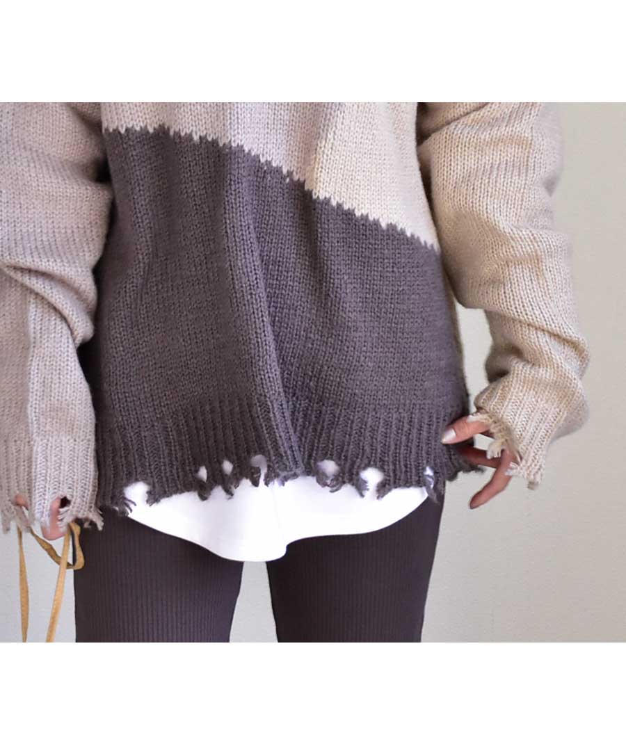 【梅春新作】Color blocking damage knit pullover 25009　カラーブロッキングダメージニットプルオーバー　 カラーブロッキング
