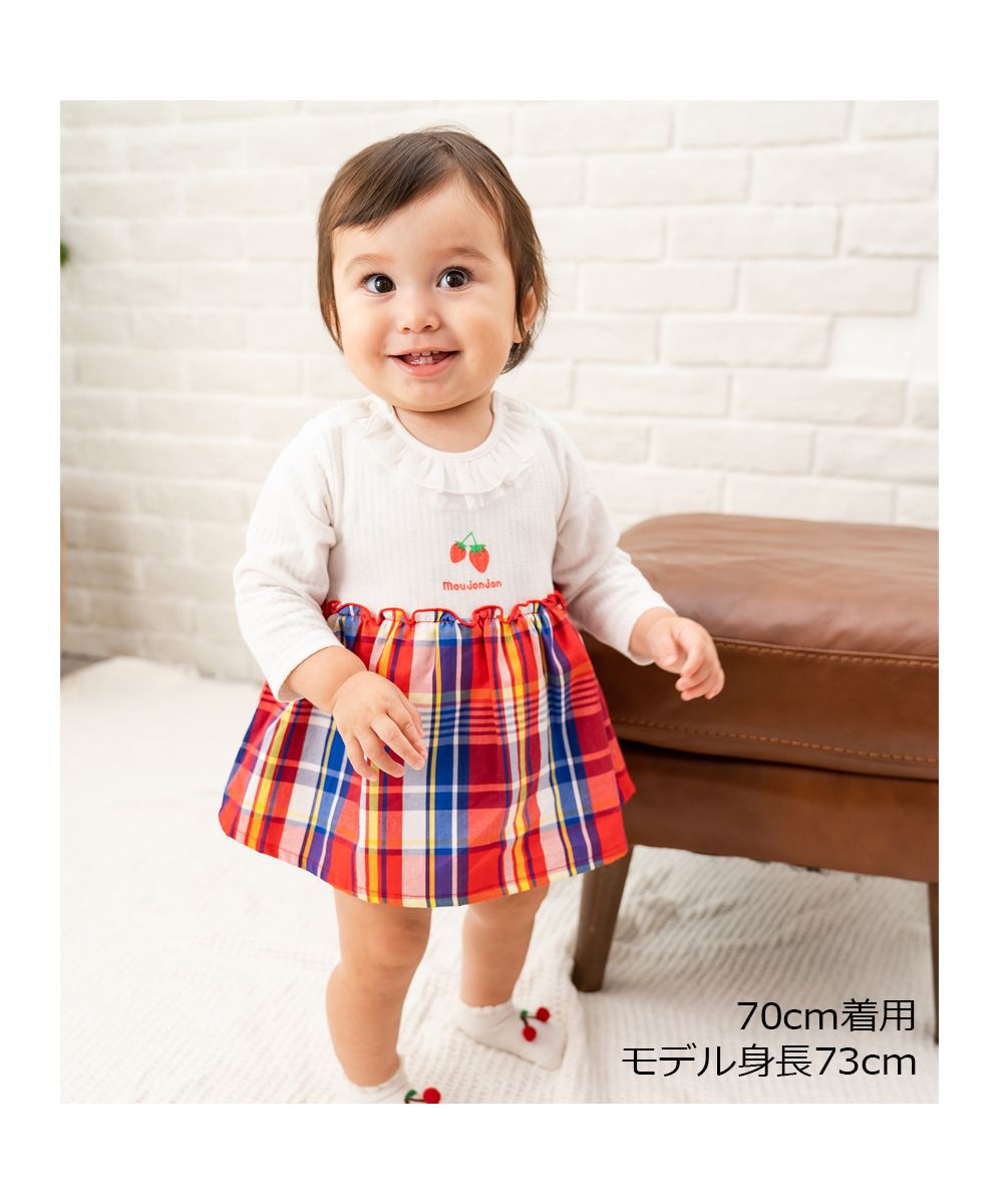 【子供服】 moujonjon (ムージョンジョン) チェックスカート着せこみオール・ロンパース 70cm，80cm M14705