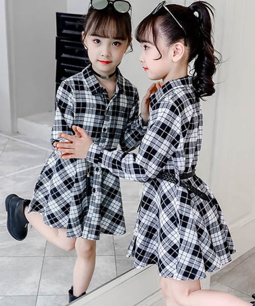 セール キッズ シャツワンピース チェック柄 長袖ワンピース 子供服 女の子 新作 おしゃれ チェック柄 韓国風 ジュニア服 ミニミニストア Miniministore Magaseek