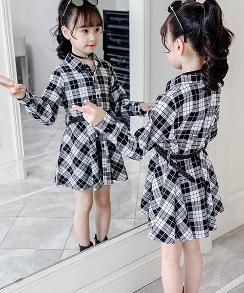 セール キッズ シャツワンピース チェック柄 長袖ワンピース 子供服 女の子 新作 おしゃれ チェック柄 韓国風 ジュニア服 ミニミニストア Miniministore Magaseek