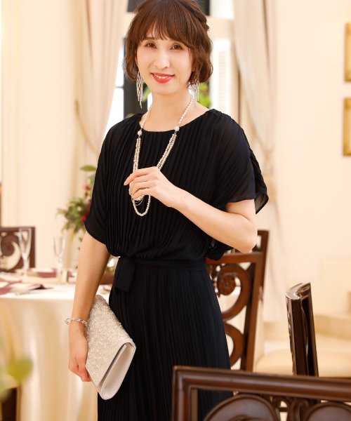 プリーツラグランワンピース ロングスカート 結婚式ワンピース お呼ばれ 二次会 セレモニー大きいサイズ対応フォーマルパーティードレス プールヴー Pourvous Magaseek
