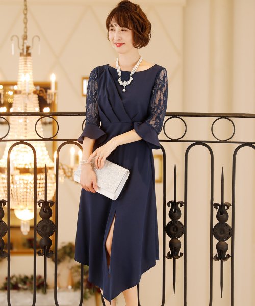 タック スリット ワンピース ロングスカート 結婚式ワンピース 二次会 謝恩会 セレモニー大きいサイズ対応フォーマルパーティードレス プールヴー Pourvous Magaseek