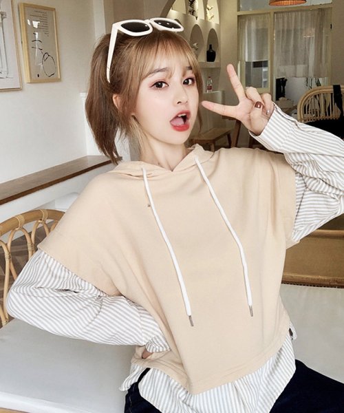 セール ドッキング トップス レディース 春秋 薄手パーカー 重ね着 シャツトレーナー フード付き カジュアル ミニミニストア Miniministore Magaseek