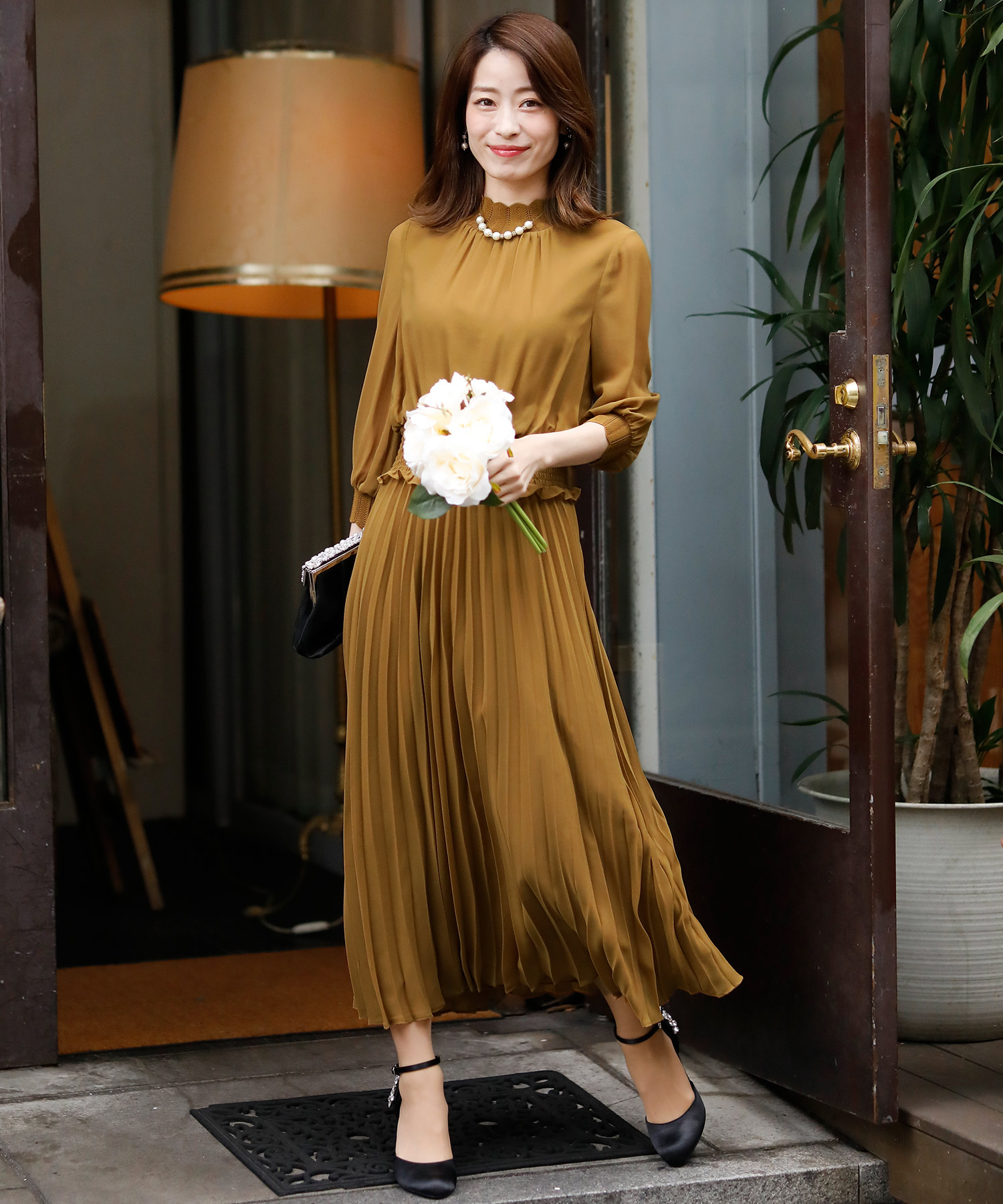 シャーリングプリーツ ワンピース 結婚式 パーティードレス
