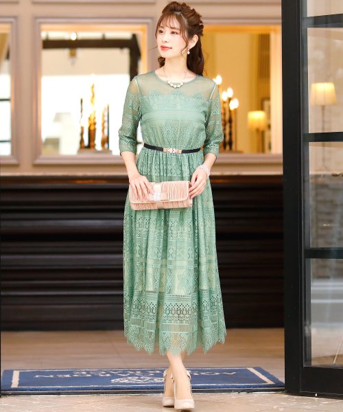 パッチワークレースドレス ロングスカート 結婚式ワンピース 同窓会 成人式 セレモニー大きいサイズ対応フォーマルパーティードレス プールヴー Pourvous Magaseek