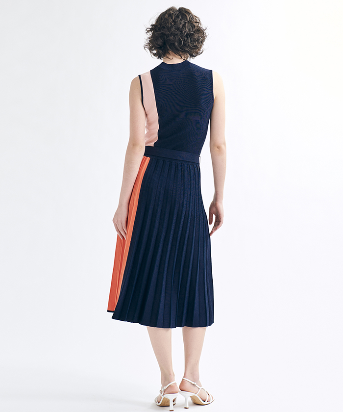 くらしを楽しむアイテム 美品 ランバンオンブルー リブニット バイカラー プリーツワンピース 38 M ロングワンピース マキシワンピース Pnl Ro