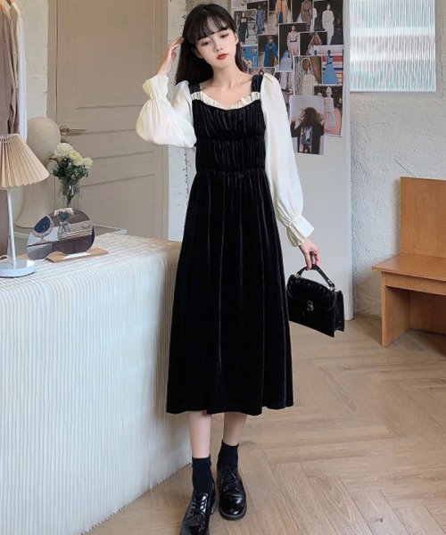 セール Off ロングワンピース レディース 異素材切替 べロアワンピース 長袖 スクエアネックワンピース 韓国風 Aラインワンピ 春秋 ミニミニストア Miniministore Magaseek