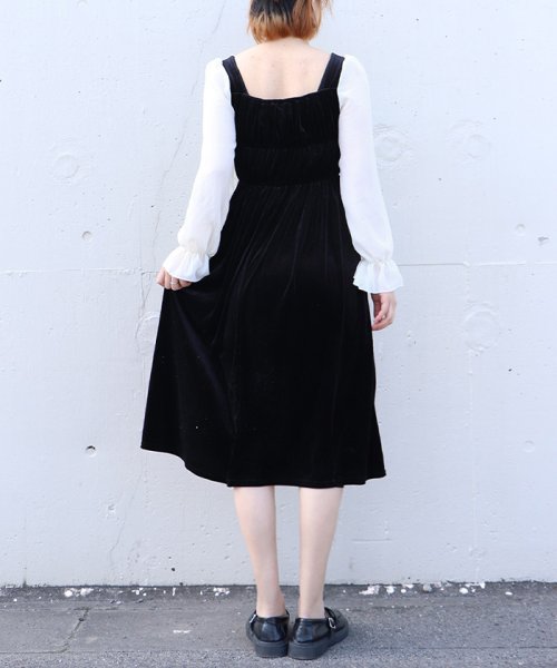 ロングワンピース レディース 異素材切替 べロアワンピース 長袖 スクエアネックワンピース 韓国風 Aラインワンピ 春秋 ミニミニストア Miniministore Magaseek