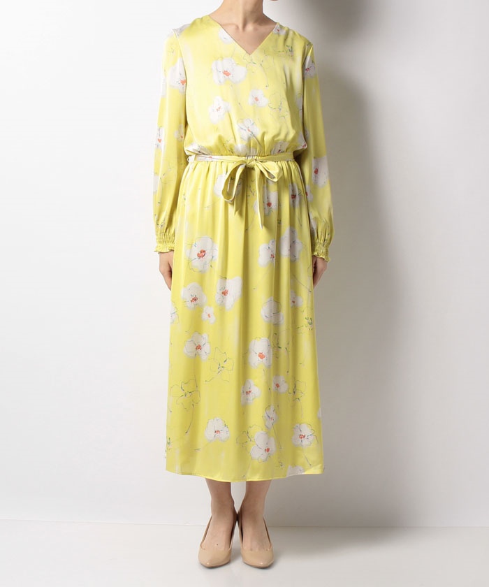 Loulou Willoughby】サテンシェイクフラワーVネックワンピース 