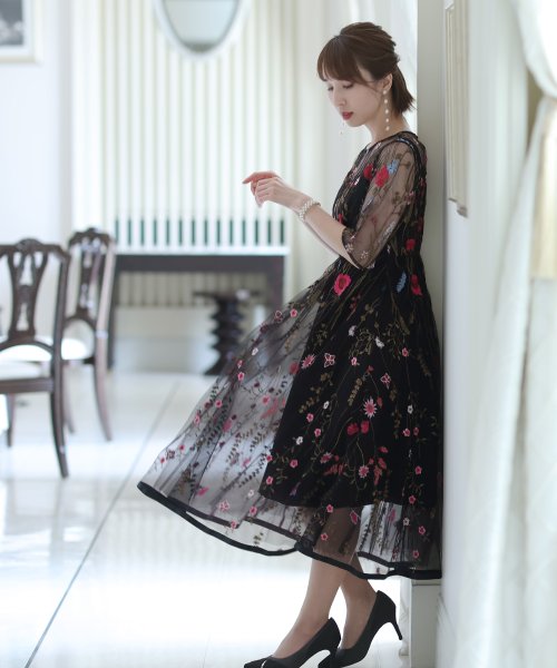 クーポン開催中 シアー花柄 ロマンティックワンピース ロングスカート 結婚式ワンピース 二次会 謝恩会 セレモニー大きいサイズ対応フォーマルパーティードレス プールヴー Pourvous Magaseek