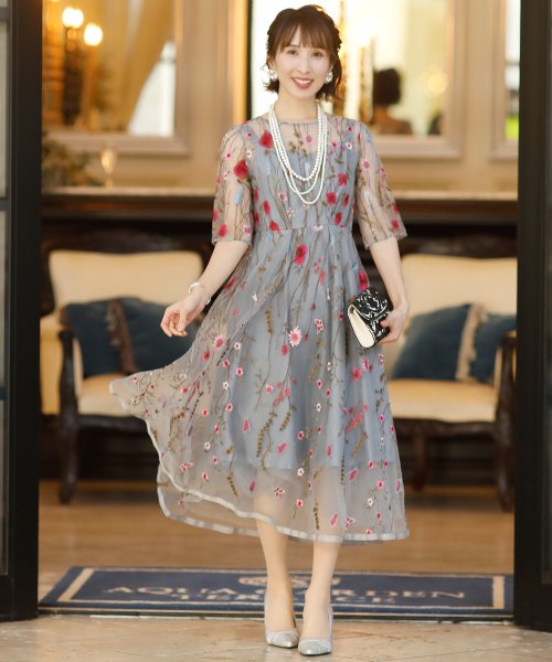 クーポン開催中 シアー花柄 ロマンティックワンピース ロングスカート 結婚式ワンピース 二次会 謝恩会 セレモニー大きいサイズ対応フォーマルパーティードレス プールヴー Pourvous Magaseek