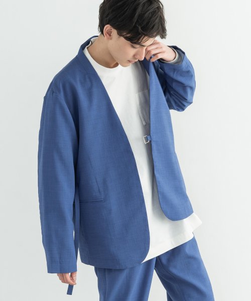 ノーカラージャケット ブルゾン コート ライトアウター メンズ きれいめ カジュアル 無地 シンプル 春 秋 ベルト レイヤード ポリエステル ワッシャー加工 ロッキーモンロー Rocky Monroe Magaseek