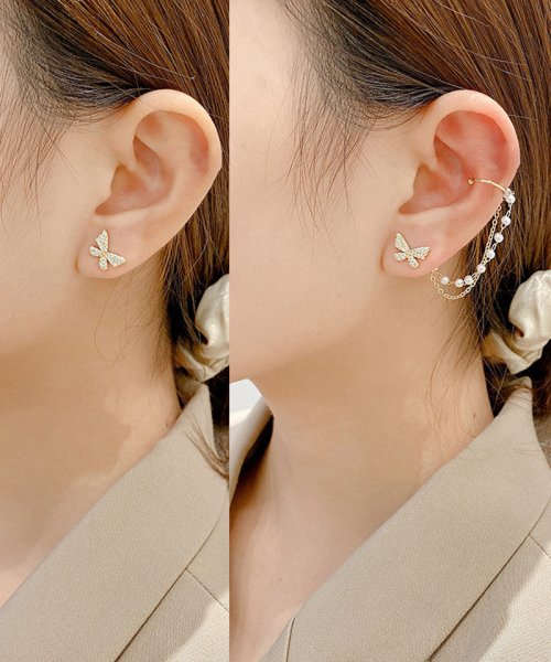 セール ピアス 蝶々 パール 揺れる 2way パールピアス アシンメトリー ロングピアス 大ぶりイヤリング 左右非対称 かわいい ショッピングゴー Shoppinggo Magaseek