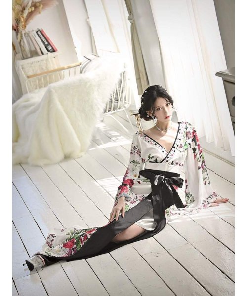 キャバドレス 和柄 着物ドレス 白 花魁 和柄ドレス キャバクラ 和装 コスプレ ハロウィン 花魁コスプレ 大きいサイズ 流遊 