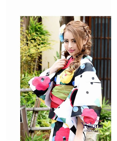 セール モノクロ ストライプビビットカラー椿柄ポップキャバ浴衣 Riri 着用浴衣 Ryuyu リューユ インスタ映え 水玉レトロモダンレディース浴衣3点セッ リューユ Rew You Magaseek