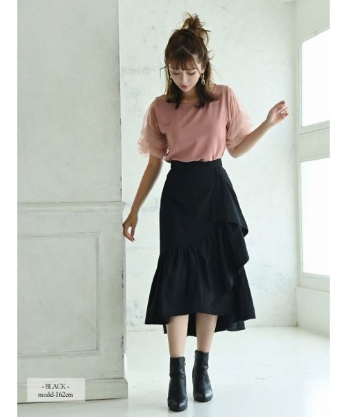 セール】フレア 切りっぱなし ミモレ丈 スカート ウエストゴム  